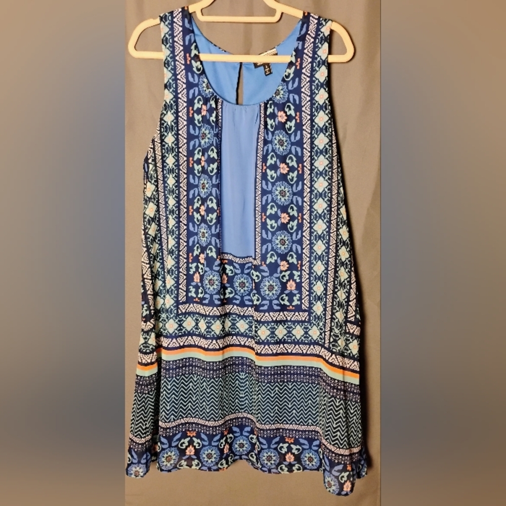 Allison Brittney Women's Size L Blue Boho Printed Shift Dress